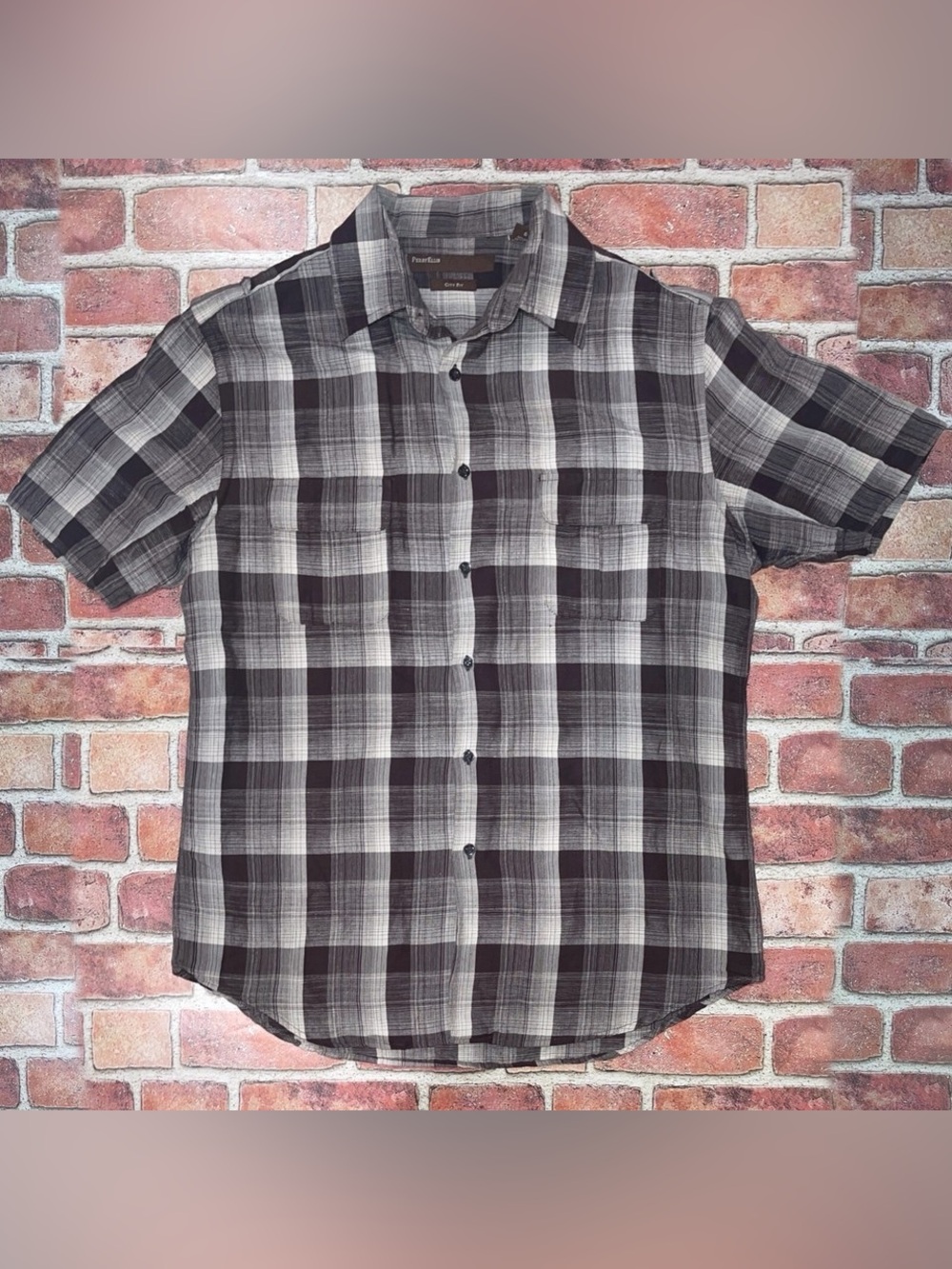 Pre-Owned Perry Ellis City Fit Brown Plaid Button-Up Short Sleeve Shirt Size L